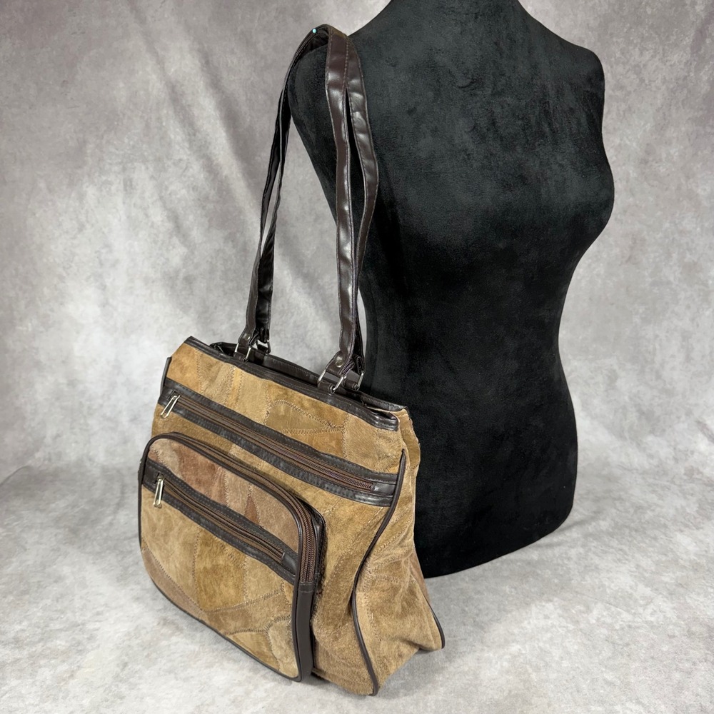 Vtg Brown Patchwork Suede Leather Shoulder Bag Tote Purse‎ Boho Whimsygoth Y2K